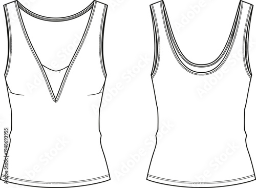 Technical flat sketch illustration of sleeveless women’s top with deep V-neckline, inner facing, scoop back, fitted waist, clean lines, symbolizing garment construction and fashion design projects