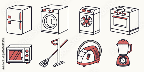 a collection of red and white household appliances and tools Vector