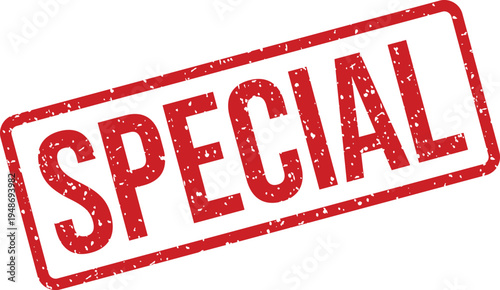 A clear red rectangular rubber stamp impression featuring the word SPECIAL with a textured finish on a white surface