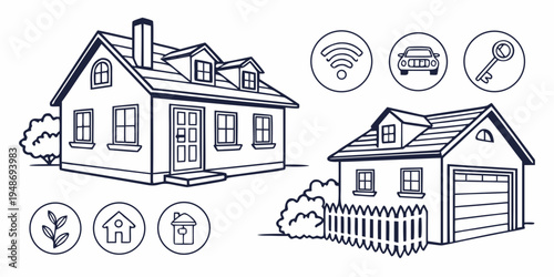 two houses with various icons around them Vector