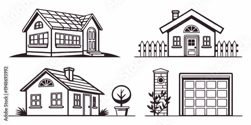 a set of line drawings of houses and a garage Vector