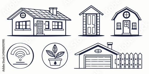 a set of icons depicting a house, shed, garage, and marijuana symbols Vector
