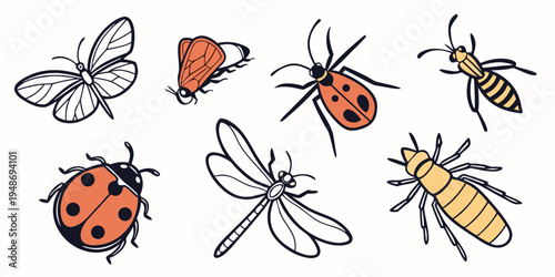 a group of insects including ladybugs and flies Vector
