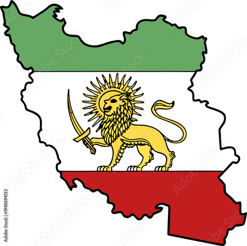 Iran country map filled with green white red national flag colors and emblem, clean vector illustration isolated on transparent background.