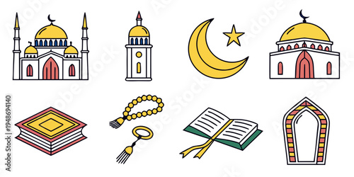 Islamic symbols and mosque architecture icons Vector
