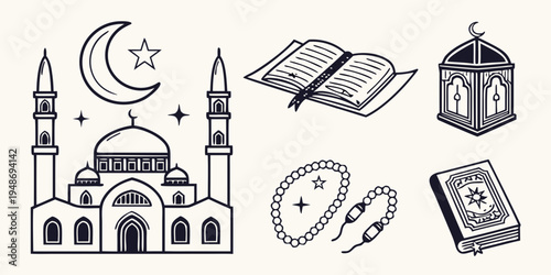 a set of icons representing ramadan and islam Vector