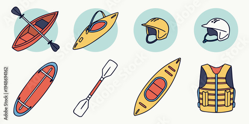 a collection of kayaking equipment and safety gear Vector