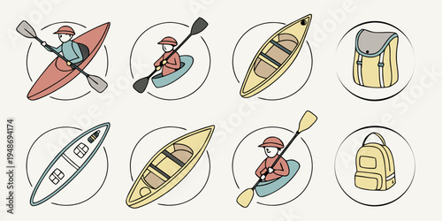 a set of kayak and canoe illustrations with paddles and people Vector