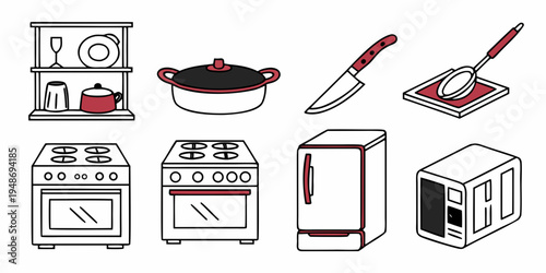 a collection of kitchen appliances and cooking utensils Vector