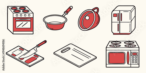 a collection of kitchen appliances and cooking utensils Vector