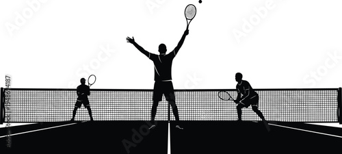 Tennis players silhouettes competing on court with racket and ball over net, professional sport match action vector illustration isolated on white background