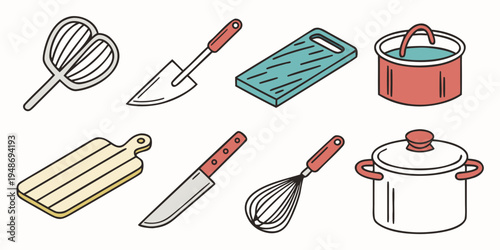 a collection of kitchen utensils and cookware Vector