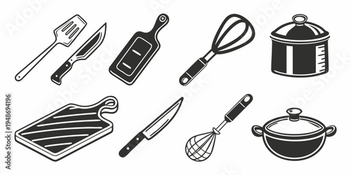 a collection of kitchen utensils and cookware Vector