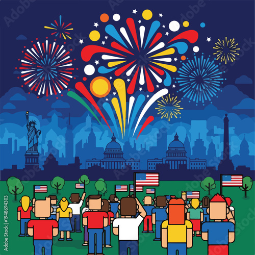 Illustration of fireworks exploding over a city, with people watching