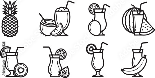 Assorted tropical drinks with fresh fruit garnishes and a pineapple Vector