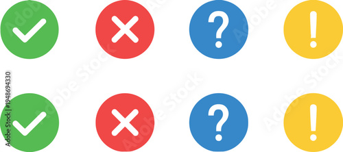A set of eight circular icons with checkmark cross question mark and exclamation mark symbols