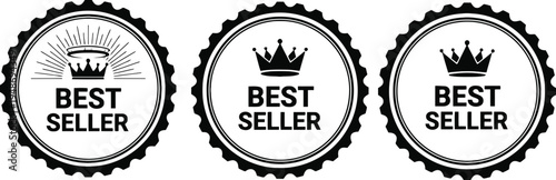 Three best seller badges with crown and gear design