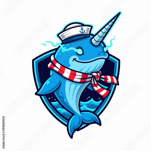 Blue narwhal sailor mascot with scarf and captain hat
