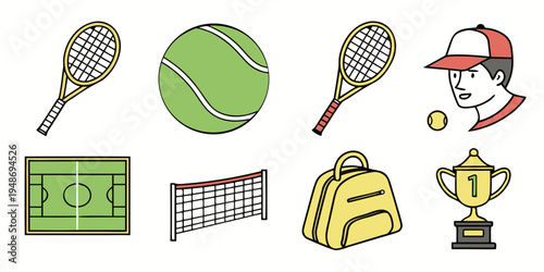 a collection of tennis items and a soccer field Vector