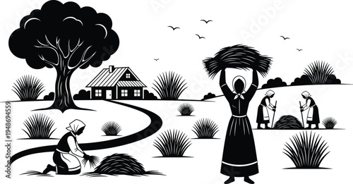 Traditional rural farming scene silhouette with women harvesting crops near farmhouse and tree, countryside agriculture landscape illustration isolated on whit rural f  