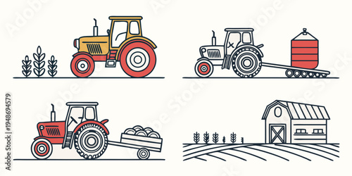 four different types of tractors and farm buildings Vector