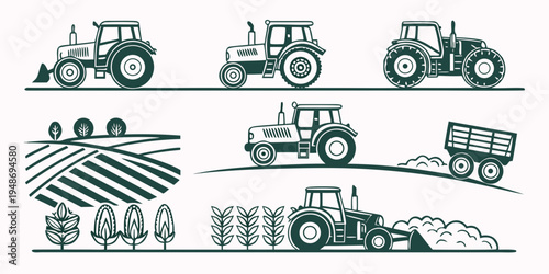 a collection of tractors and farming equipment Vector