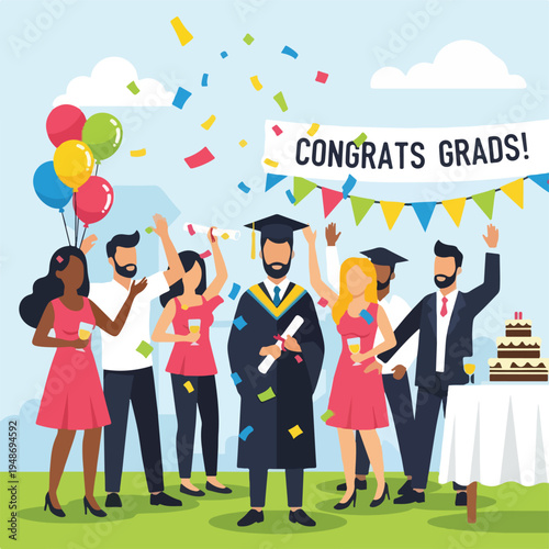 Illustration of a graduation party with celebratory confetti and balloons