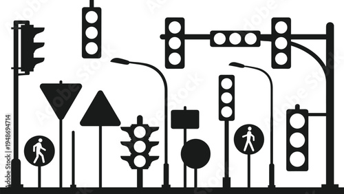 Traffic light and road sign silhouette set with pedestrian signals and street lamps, urban transportation vector illustration isolated on white background