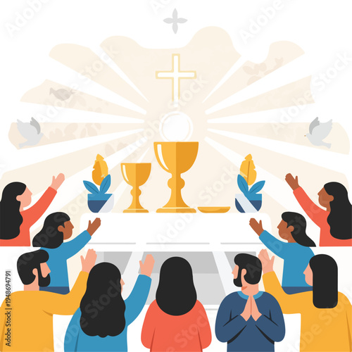 Illustration of a religious ceremony with a cross and worshippers