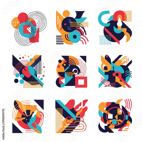 Nine abstract designs composed of geometric shapes, lines, and curves