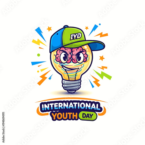 International Youth Day Brainy Lightbulb Mascot wearing cap