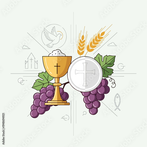 Religious symbols illustration, featuring a chalice, grapes, and a dove