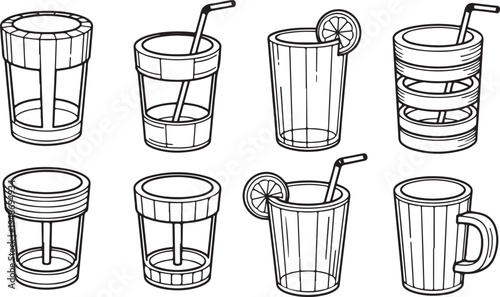 Assorted glassware and mugs illustrated in a sketch style. Vector