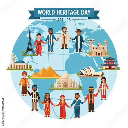 Illustration with people holding hands around the world and landmarks