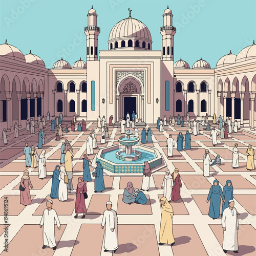 Illustration of a large courtyard with people, a fountain, and buildings