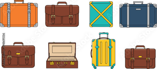 Vector illustration set of diverse colorful travel luggage including vintage suitcases leather briefcases rolling suitcases and open trunks for tourism business and travel branding