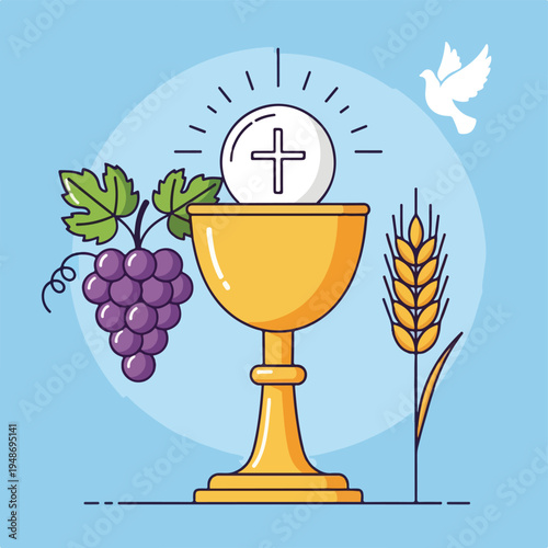 Religious symbols illustration, featuring a chalice, grapes, wheat, and a dove