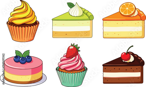 Vector illustration set of delicious cake slices and cupcakes featuring various flavors like chocolate strawberry orange and blueberry for bakery and dessert menu designs