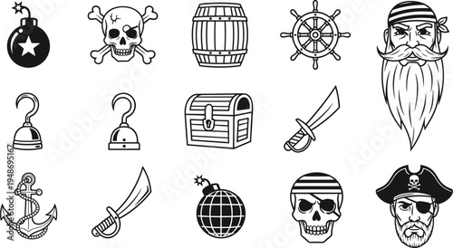Pirate themed doodle icon set with skull anchor treasure chest sword bomb barrel and ship wheel isolated on white backgroundPirate themed doodle icon set with skull anchor treasure chest sword bomb ba
