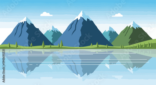 Pixelated illustration of mountains reflected on a body of water