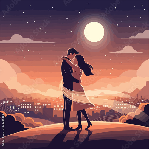 Pixelated artwork of a couple embracing under the starry night sky