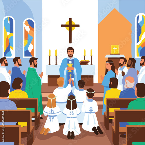Illustration of a religious ceremony with people in a church setting