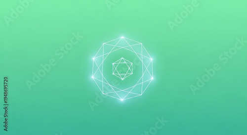 Glowing white geometric shape on green gradient background glowing lines white lines polygon