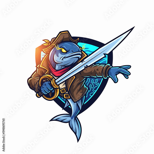 Shark Pirate with Sword and Leather Jacket in Circular Emblem