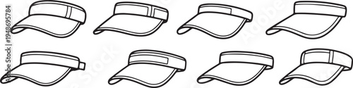 Various styles of visors displayed in a row. Vector