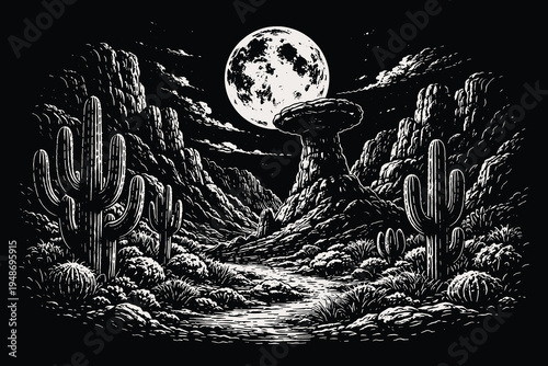 Arid desert canyon landscape with cactus and rock formations under full moon, vintage woodcut vector illustration of southwestern night scenery.