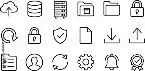 Set of 18 Black Outline Data and Technology Vector Icons