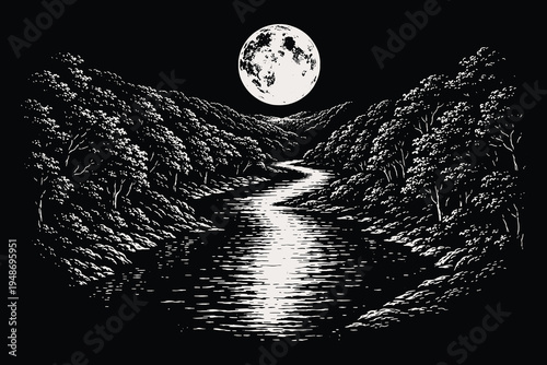 Serene river valley landscape winding through hills under full moon in engraving style, monochrome vector illustration of water reflection at night.
