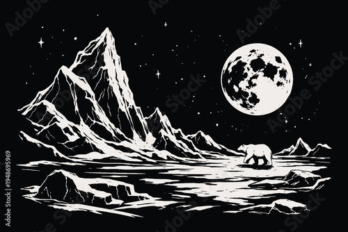 Polar bear walking in arctic mountain landscape under full moon in woodcut style, vintage engraving vector illustration of northern wilderness at night.
