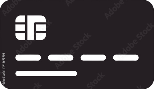 Black Credit Card with White Chip and Dashed Numbers Vector Icon
